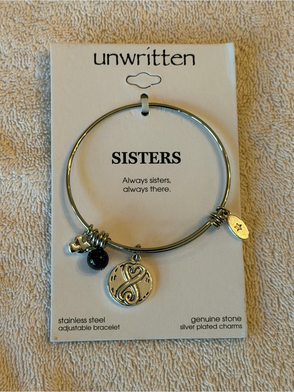 Macy's Unwritten Sisters Silver Tone Charm Bangle with Dark Stone Accent